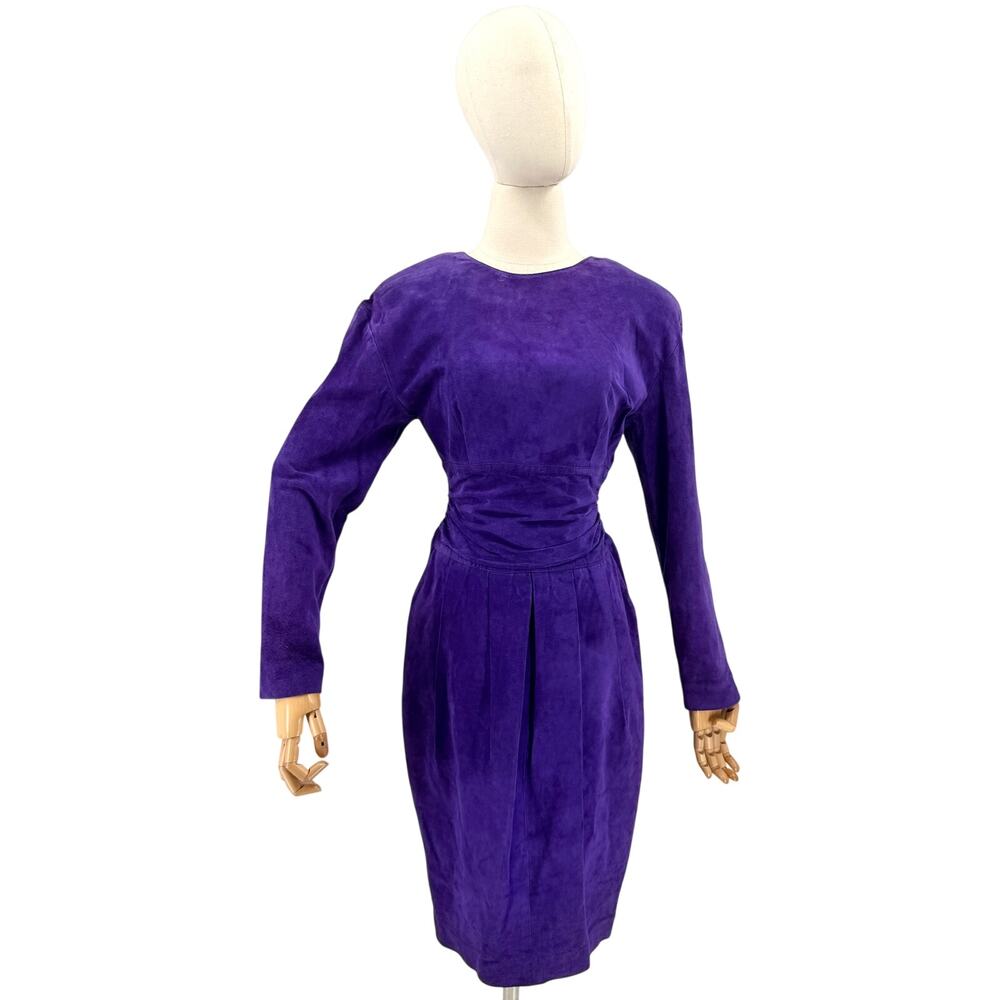 Vintage 80s Lord & Taylor Purple Genuine Suede Ruched Waist Pencil Dress